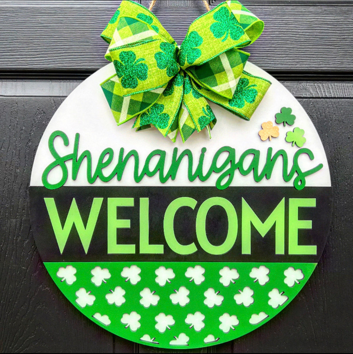 St. Patrick's Day Door Hanger, Shenanigans Welcome, Shamrock Wreath