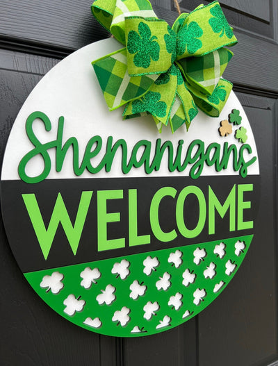 St. Patrick's Day Door Hanger, Shenanigans Welcome, Shamrock Wreath
