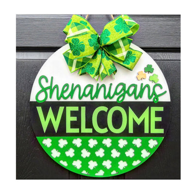 St. Patrick's Day Door Hanger, Shenanigans Welcome, Shamrock Wreath