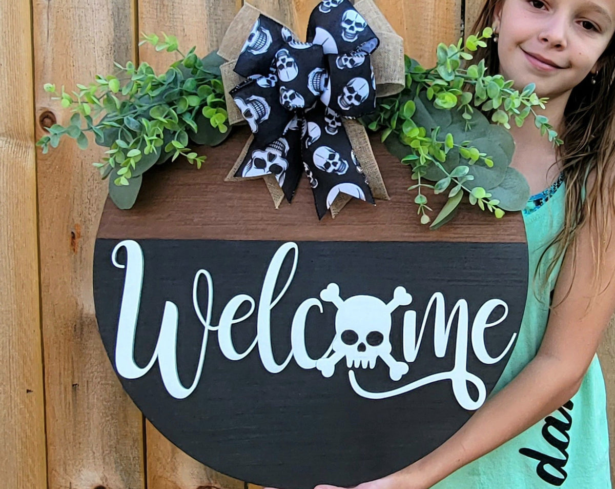 Welcome Skull Door Hanger - Halloween Door Sign - Halloween Front Door Decor - Skeleton Door Sign - Halloween Wreath