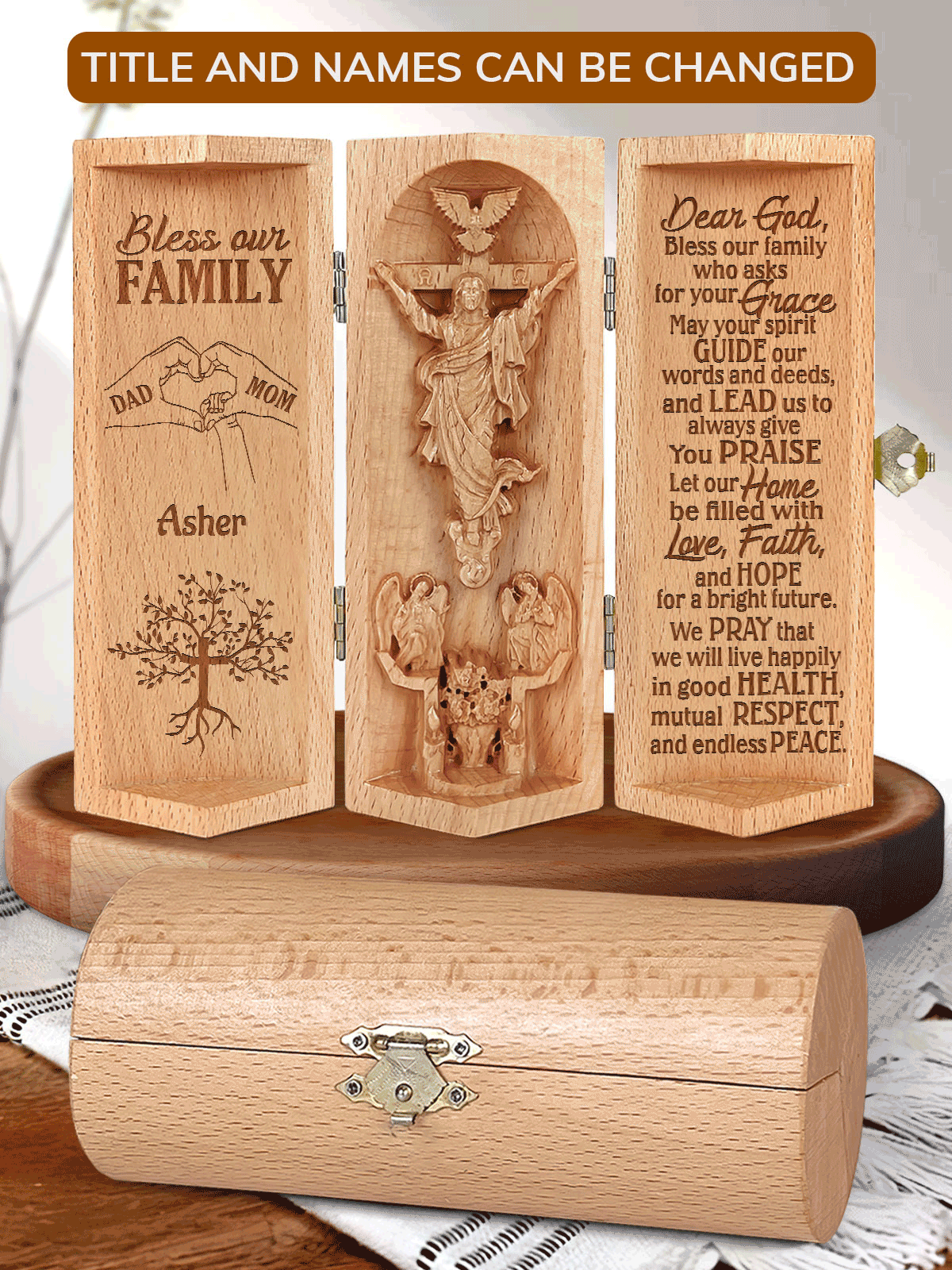 Personalized Bless Our Family Christian Decor Statue of Jesus Openable Wooden Cylinder Sculpture of Jesus Christ