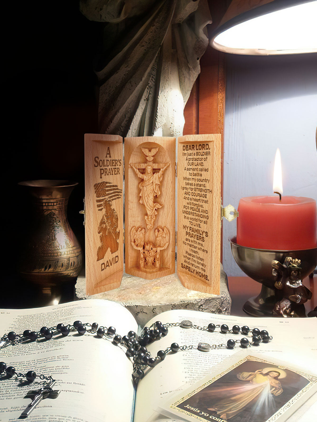 Personalized A Soldier's Prayer Christian Gifts Statue of Jesus Openable Wooden Cylinder Sculpture of Jesus Christ, Christ Decor