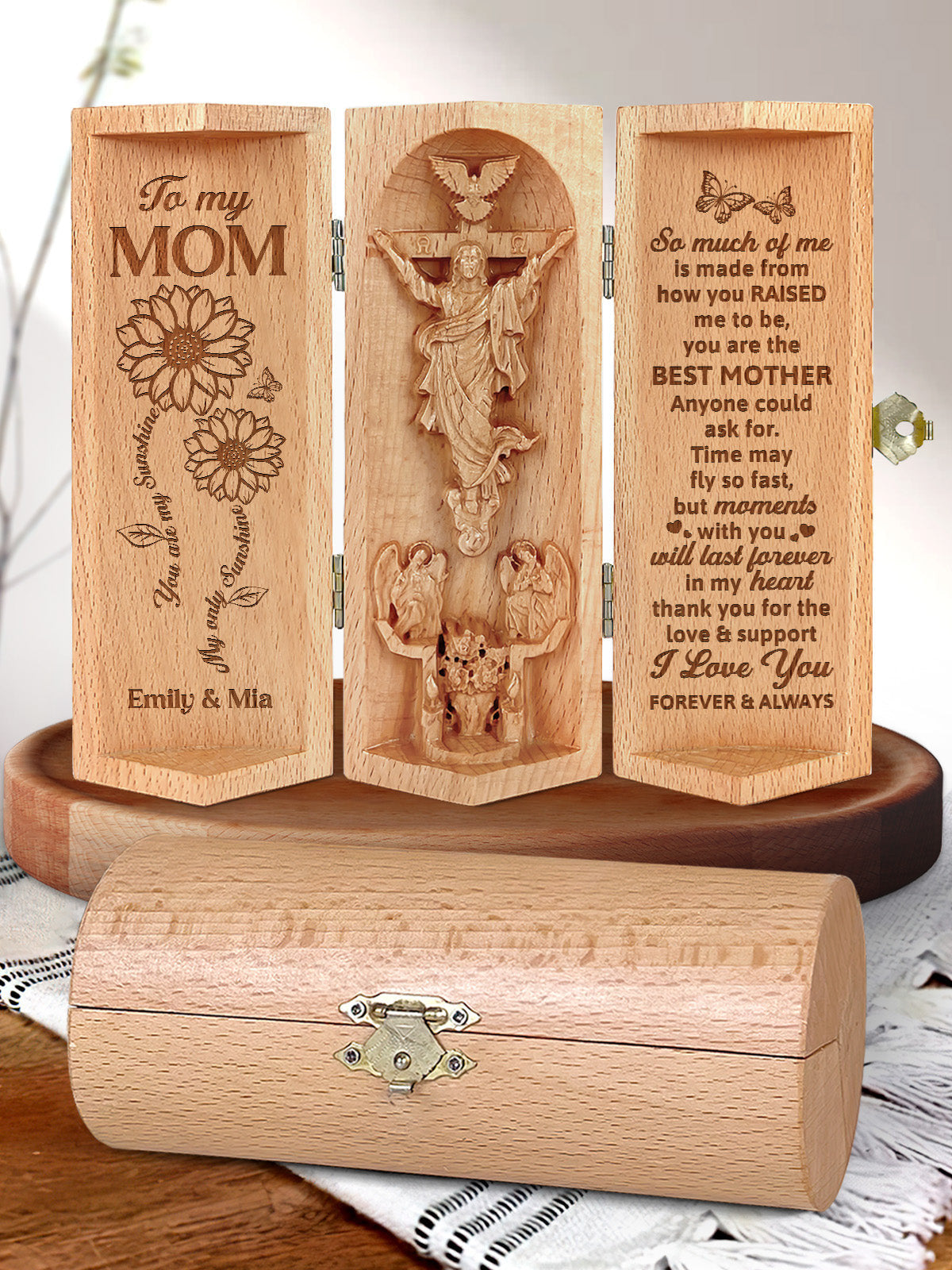 Personalized You Are The Best Mother, Grandma Christian Decor Statue of Jesus Openable Wooden Cylinder Sculpture of Jesus Christ