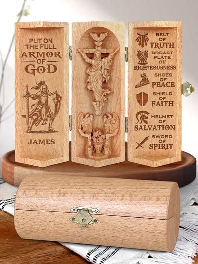 Personalized Put On The Full Armor of God Christian Gifts Statue of Jesus Openable Wooden Cylinder Sculpture of Jesus Christ
