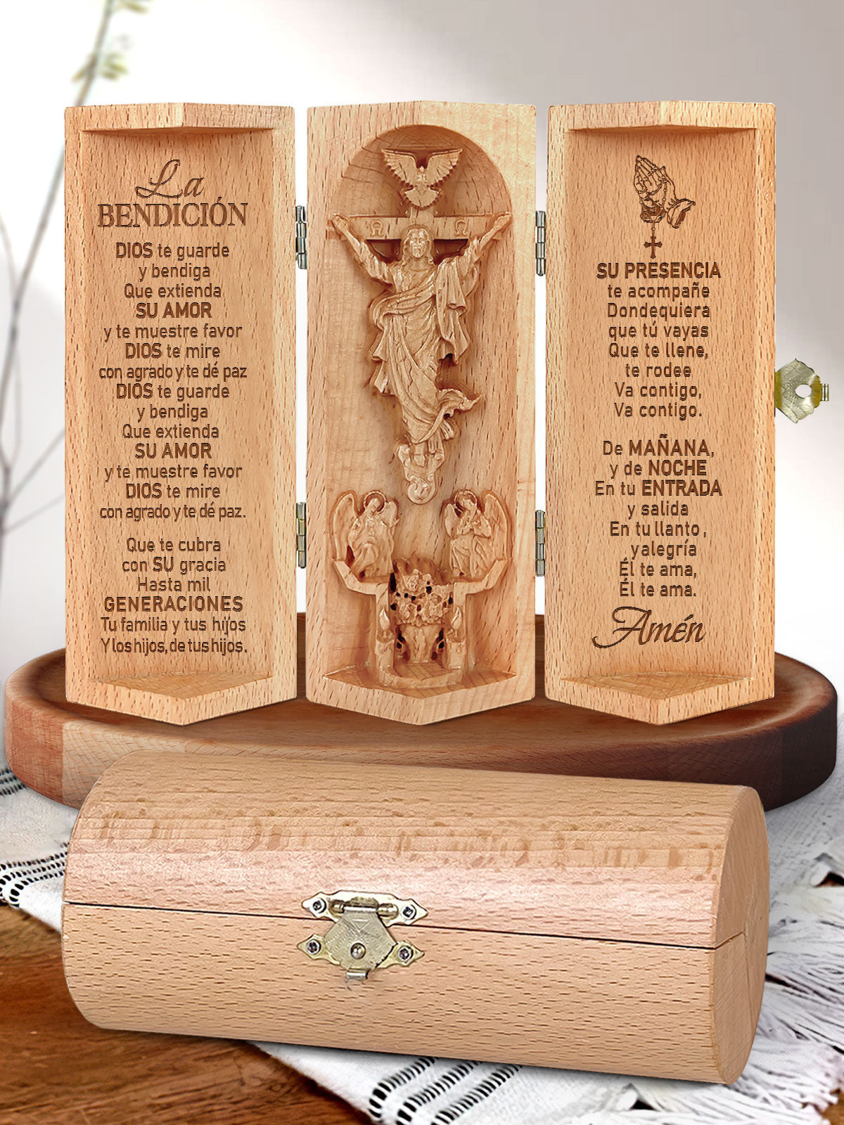 La Bendición Openable Christian Decor Statue of Jesus Wooden Cylinder Sculpture of Jesus Christ