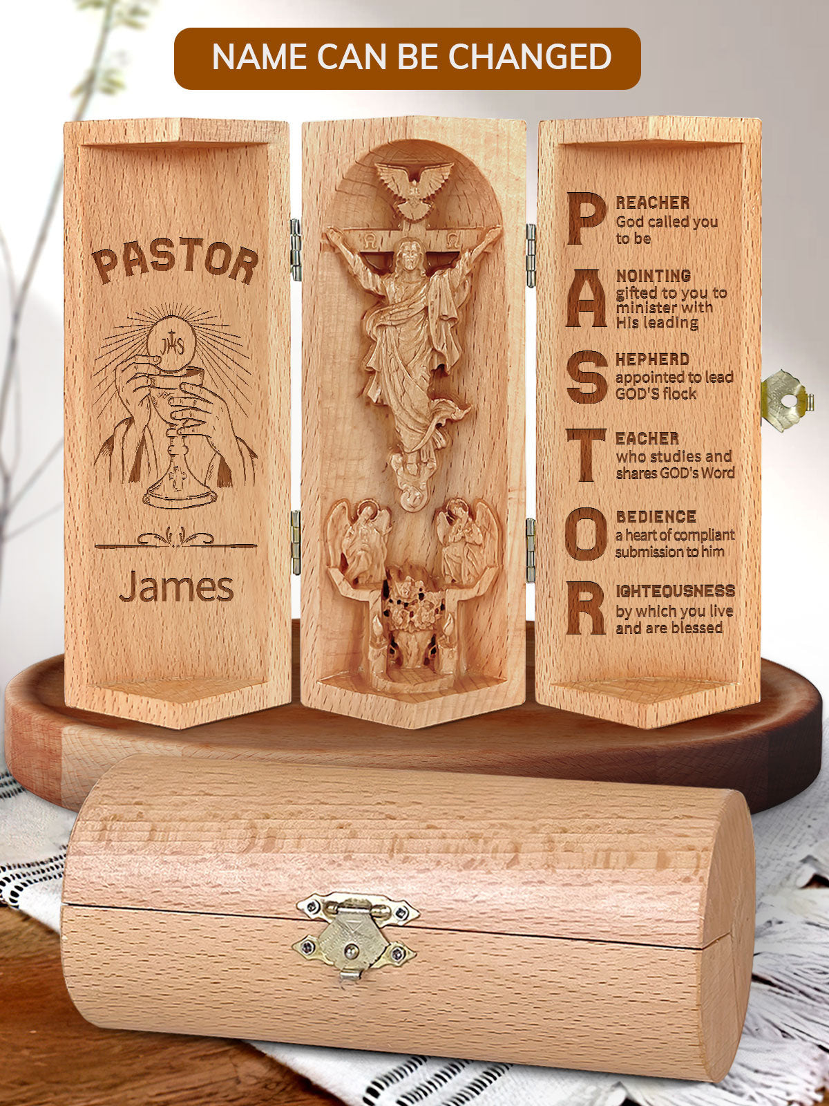 Personalized Prayer For Pastors Christian Decor Statue of Jesus Openable Wooden Cylinder Sculpture of Jesus Christ