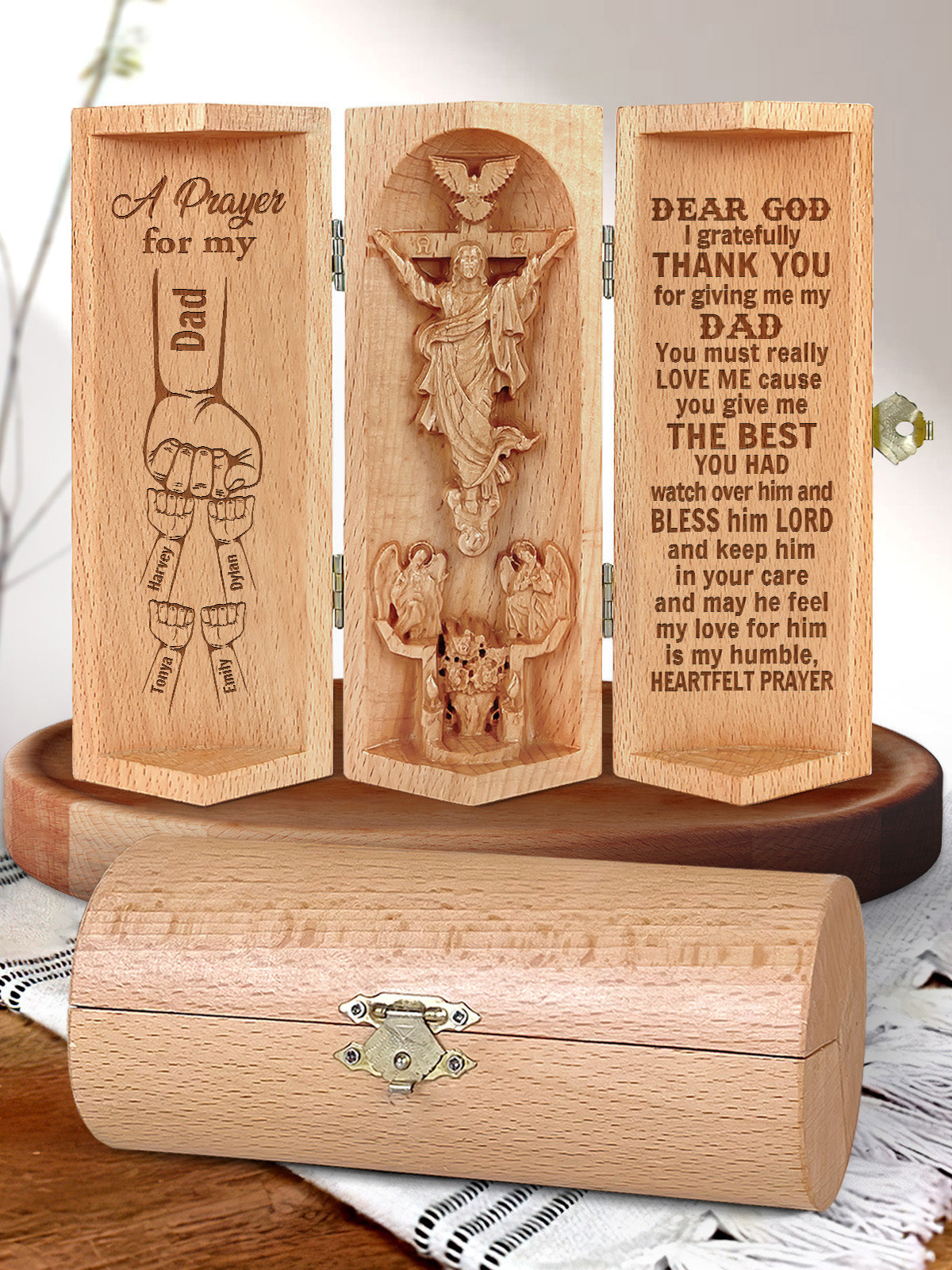 Personalized A Prayer For My Dad Grandpa Uncle Christian Decor Statue of Jesus Openable Wooden Cylinder Sculpture of Jesus Christ