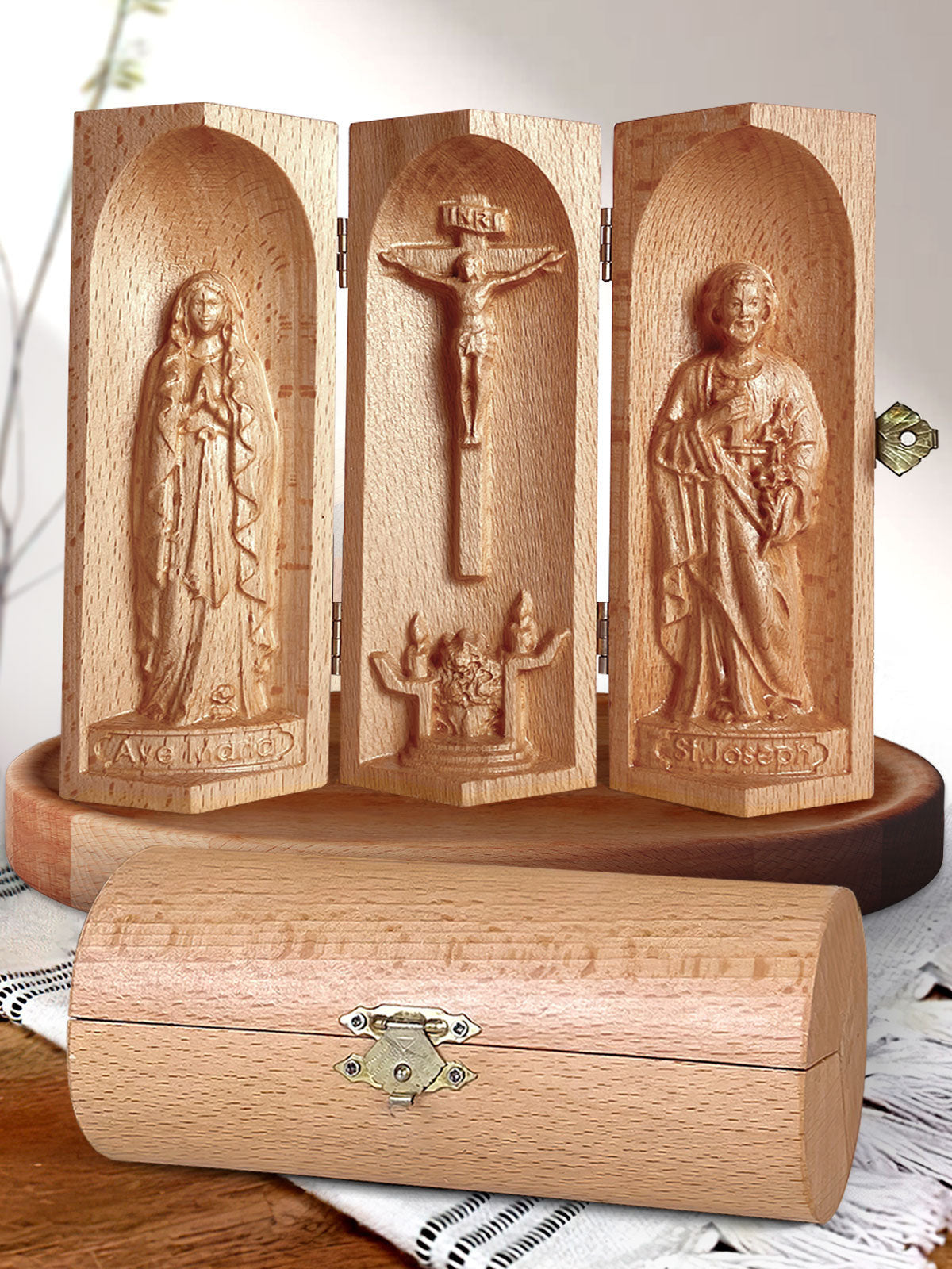 The Holy Family Openable Wooden Cylinder Sculpture, Christian Gifts
