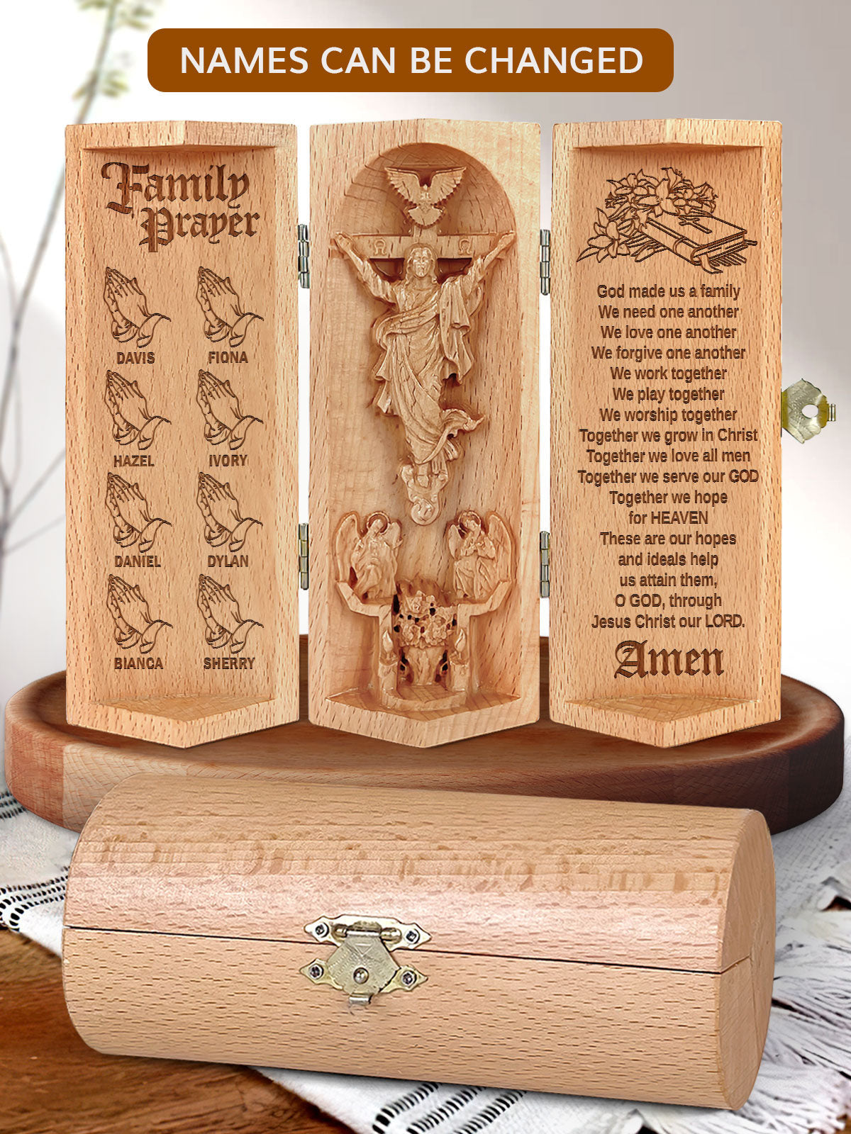 Personalized Family Prayer Christian Decor Statue of Jesus Openable Wooden Cylinder Sculpture of Jesus Christ