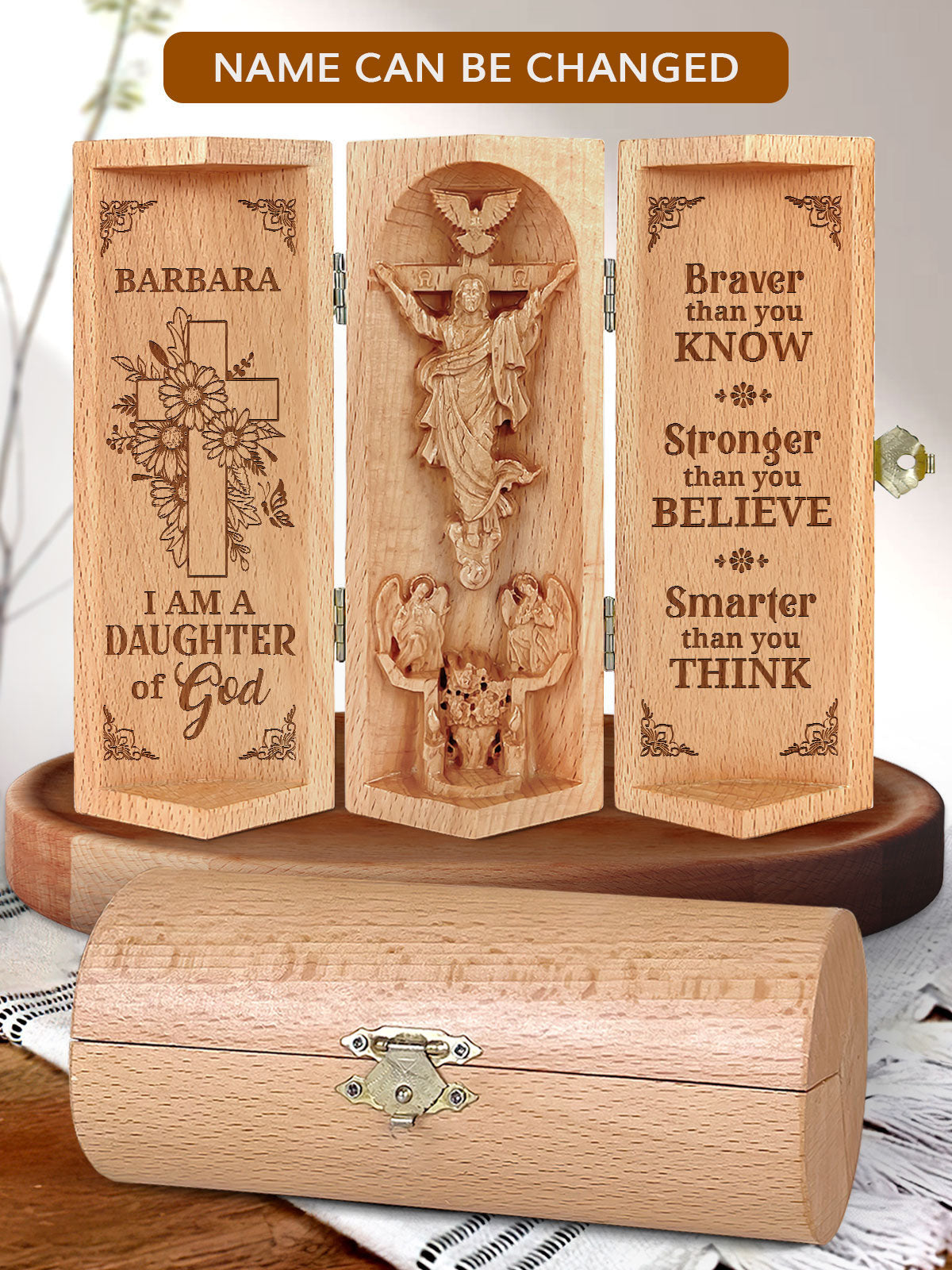 Custom Daughter Of God Christian Decor Statue of Jesus Openable Wooden Cylinder Sculpture of Jesus Christ