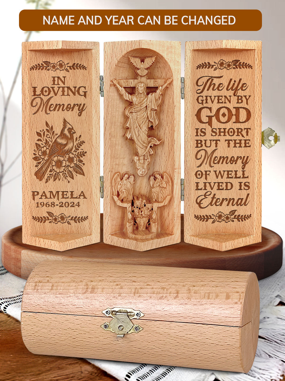 Custom The Life Given By God Is Short But The Memory Of Well Lived Is Eternal Memorial Christian Gift Statue Of Jesus Wooden Cylinder Sculpture