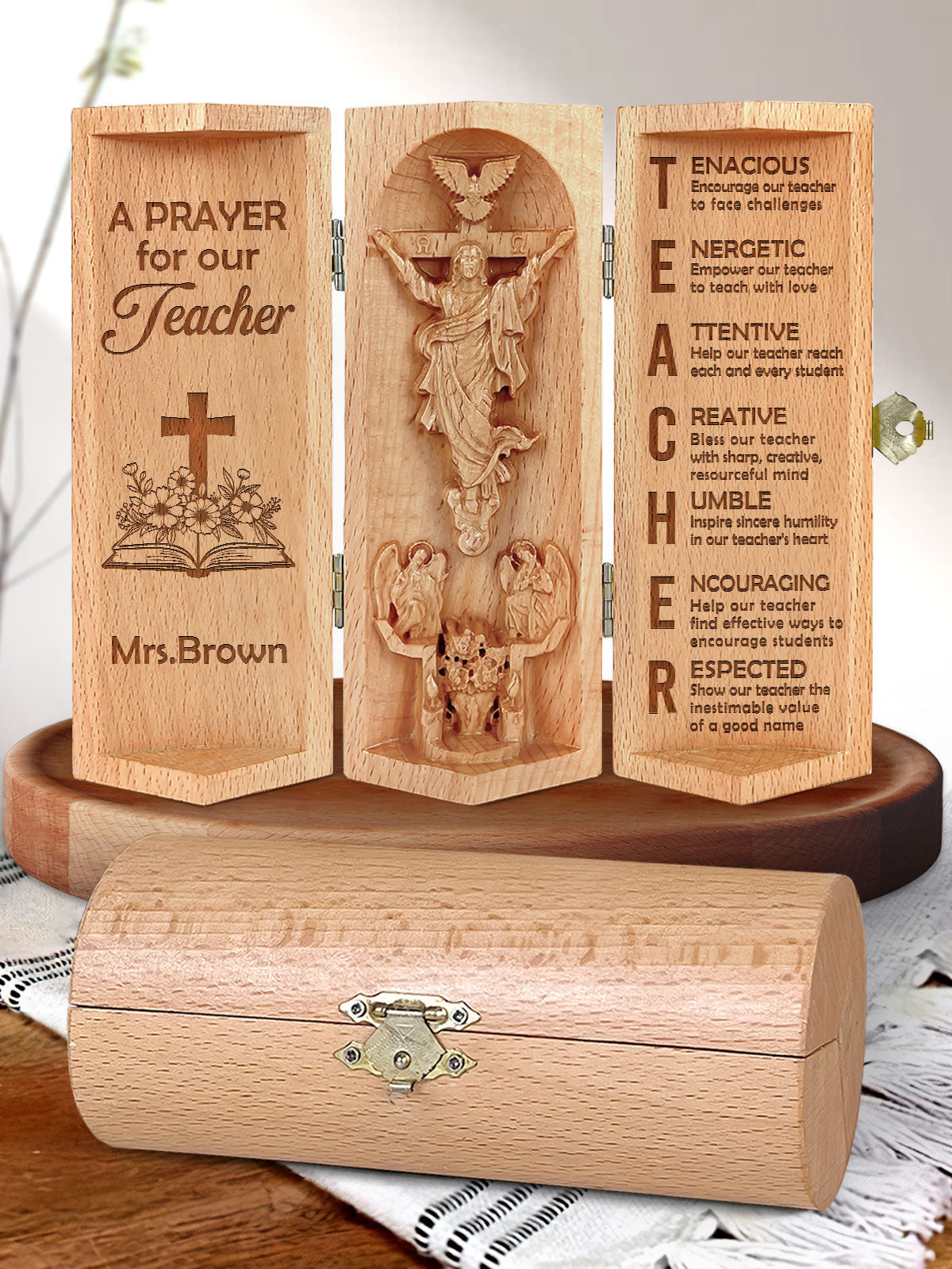 Personalized A Prayer For Our Teacher Openable Wooden Cylinder Sculpture of Jesus, Christian Gift