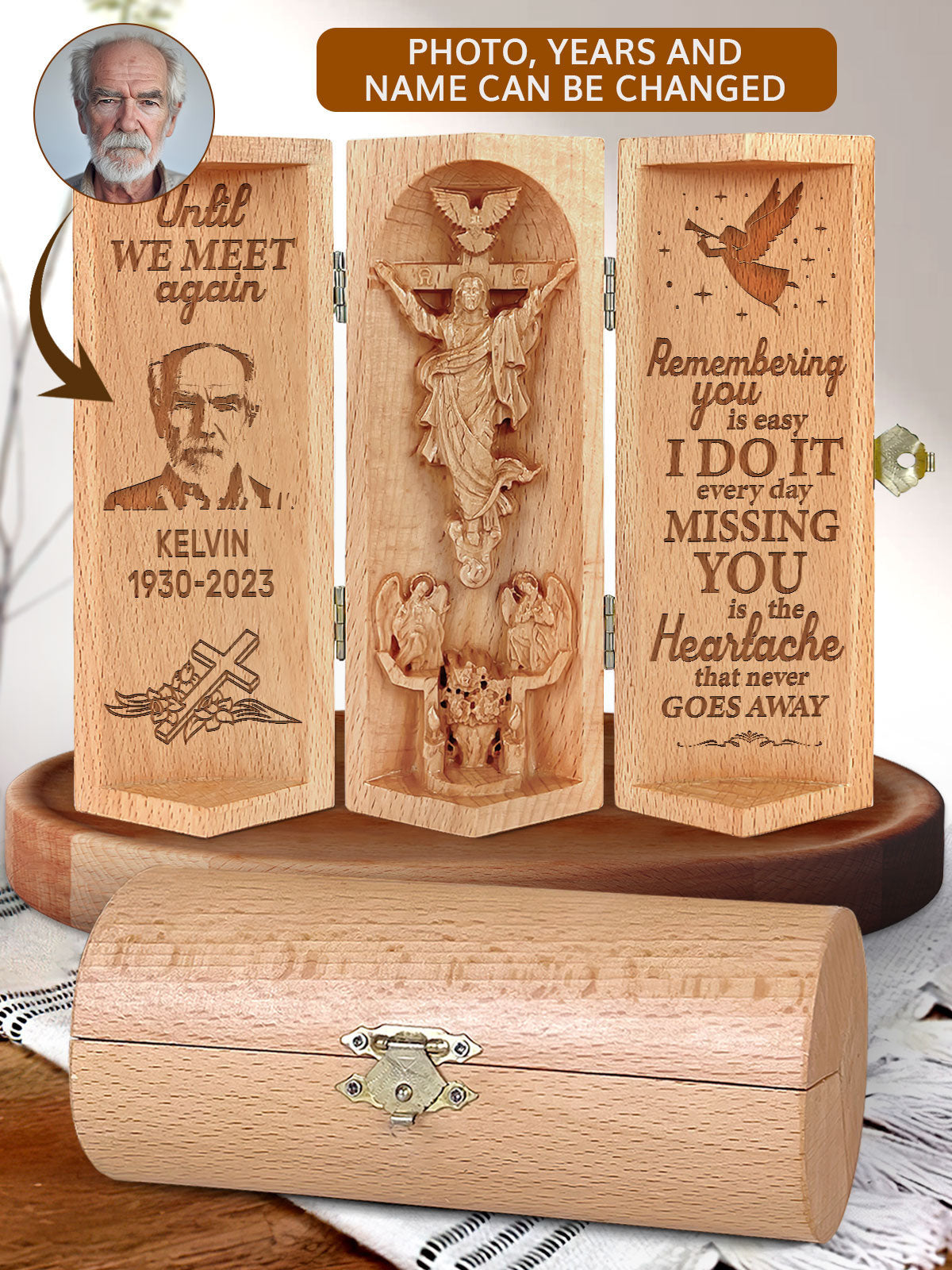 Personalized Until We Meet Again Christian Decor Statue of Jesus Openable Wooden Cylinder Sculpture of Jesus Christ