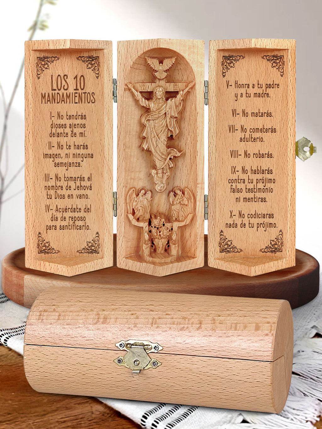 Los 10 Mandamientos Openable Christian Decor Statue Of Jesus Wooden Cylinder Sculpture of Jesus Christ