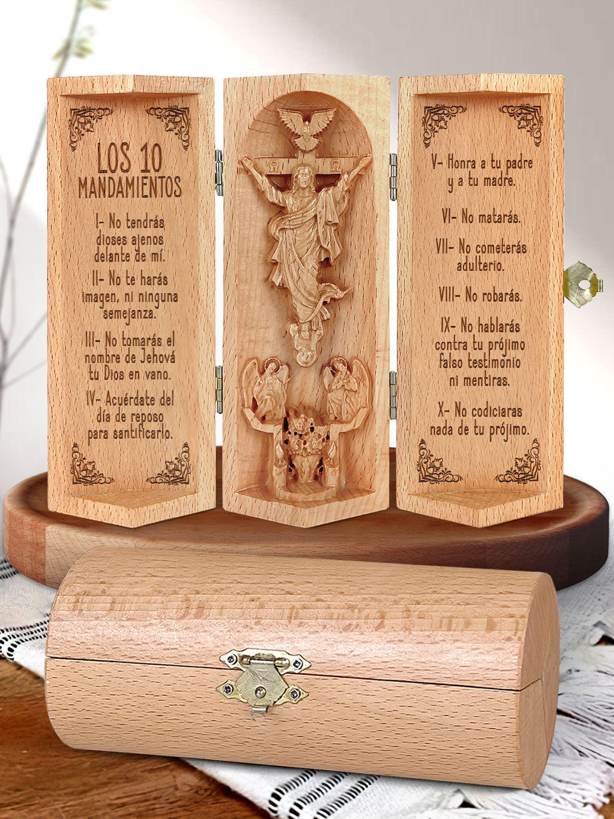 Los 10 Mandamientos Openable Christian Decor Statue Of Jesus Wooden Cylinder Sculpture of Jesus Christ