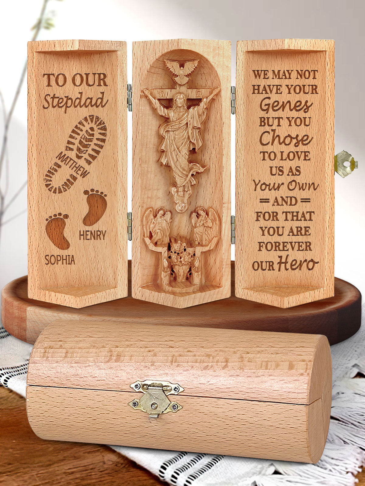 Personalized Gift For Stepdad You Are Forever My Hero Christian Decor Statue of Jesus Openable Wooden Cylinder Sculpture of Jesus Christ