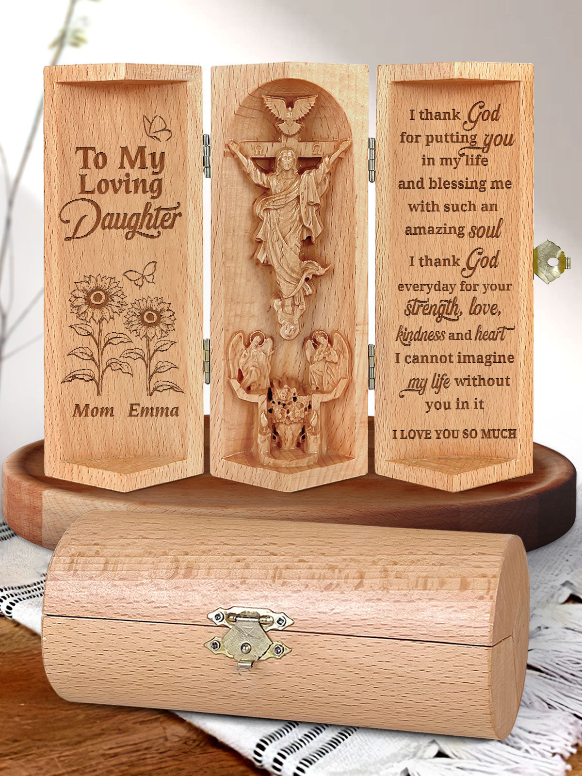 Personalized To My Daughter, Granddaughter I Love You So Much Openable Christian Decor Statue Of Jesus Wooden Cylinder Sculpture of Jesus Christ A