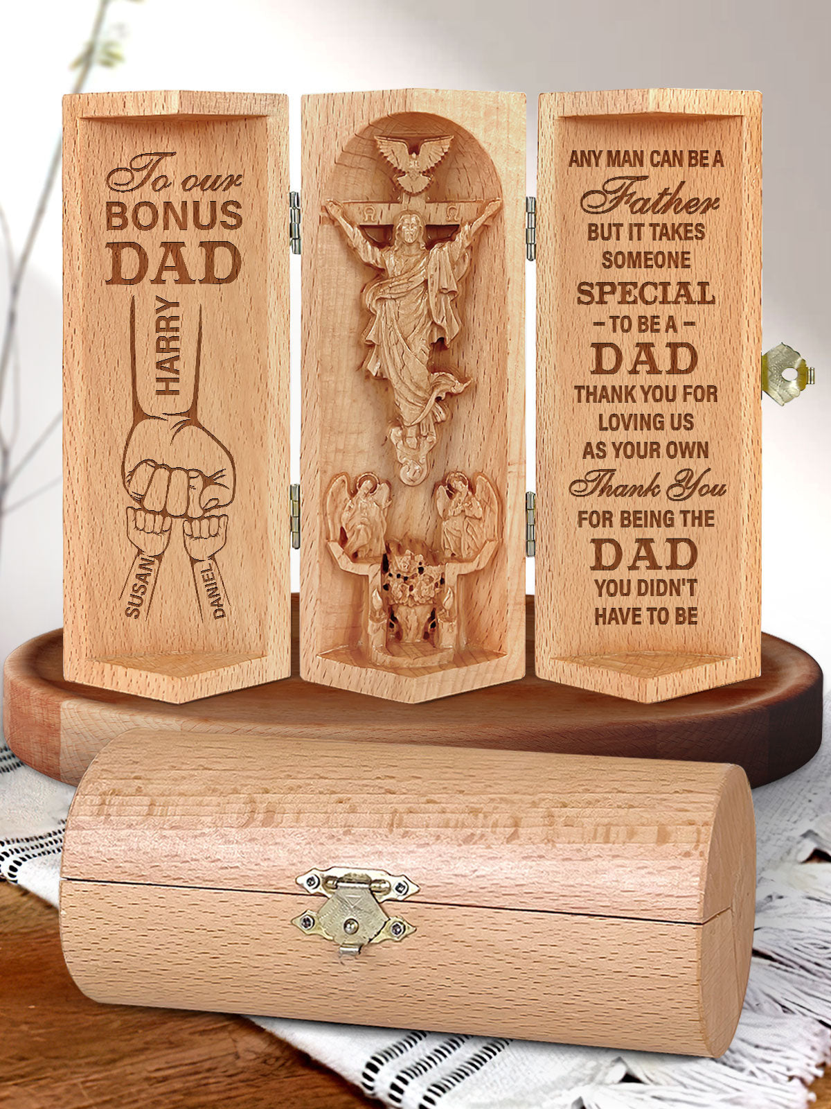 Personalized It Takes Someone Special To Be A Bonus Dad Christian Decor Statue of Jesus Openable Wooden Cylinder Sculpture of Jesus Christ