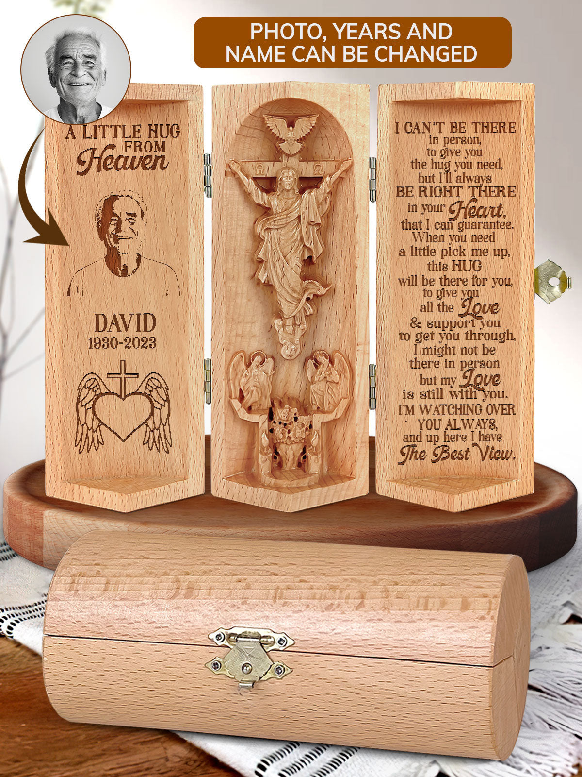Personalized A Little Hug From Heaven Openable Christian Gift Statue Of Jesus Wooden Cylinder Sculpture of Jesus Christ
