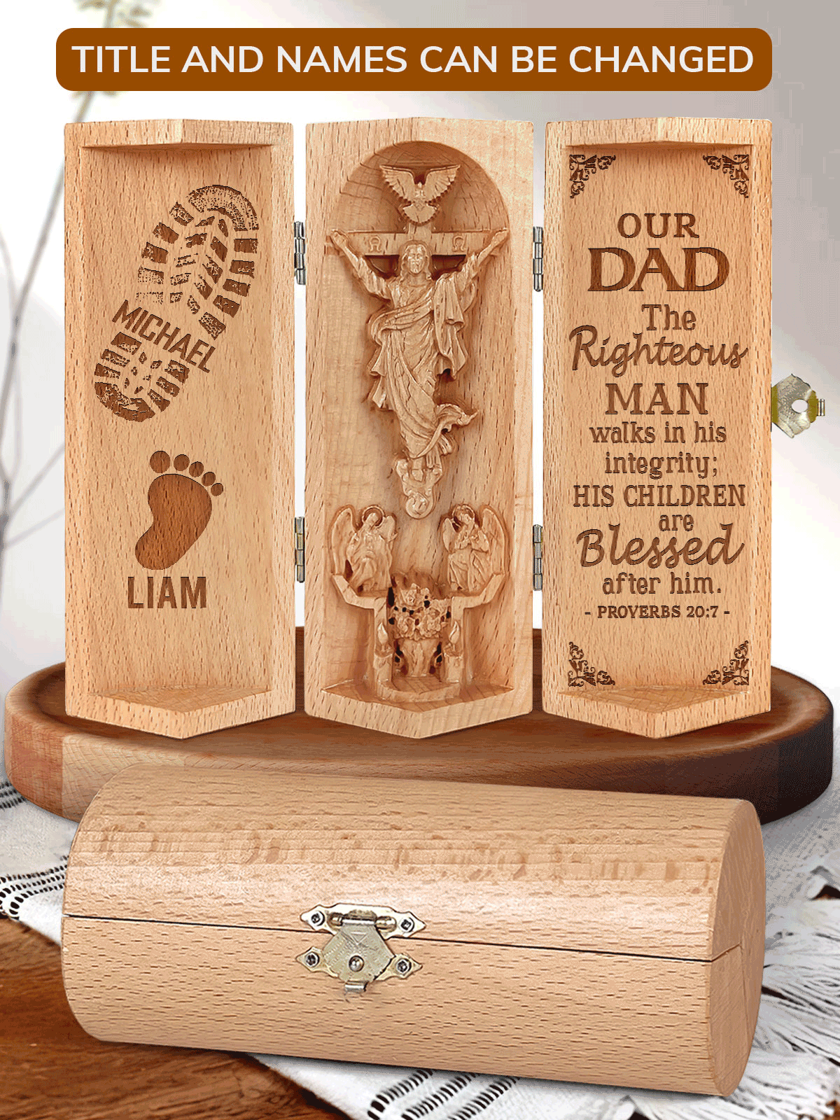 Personalized The Righteous Man Walks In His Integrity Openable Christian Gift Statue Of Jesus Wooden Cylinder Sculpture of Jesus Christ