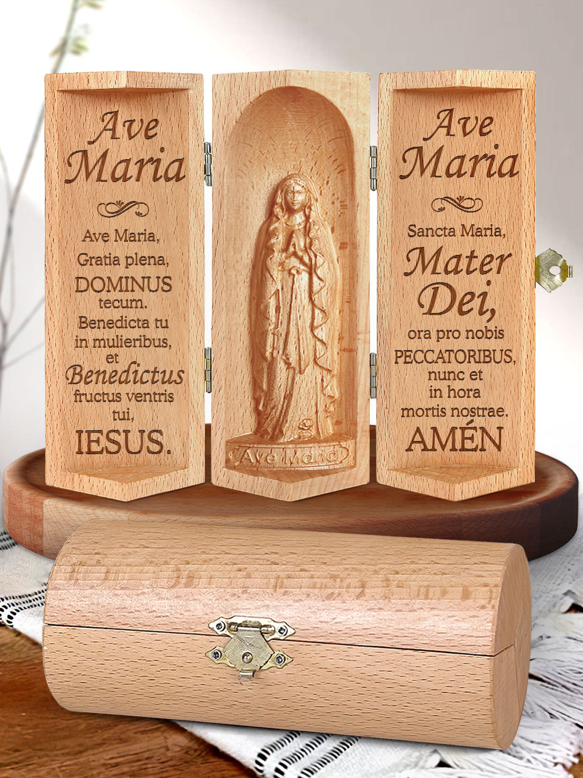 Ave Maria Openable Wooden Cylinder Sculpture of Mother Maria