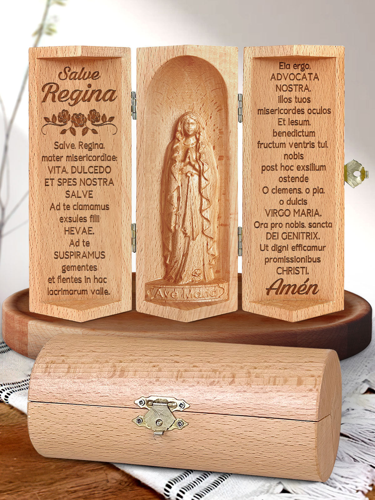 Salve Regina Openable Wooden Cylinder Sculpture of Mother Maria, Christian Gifts
