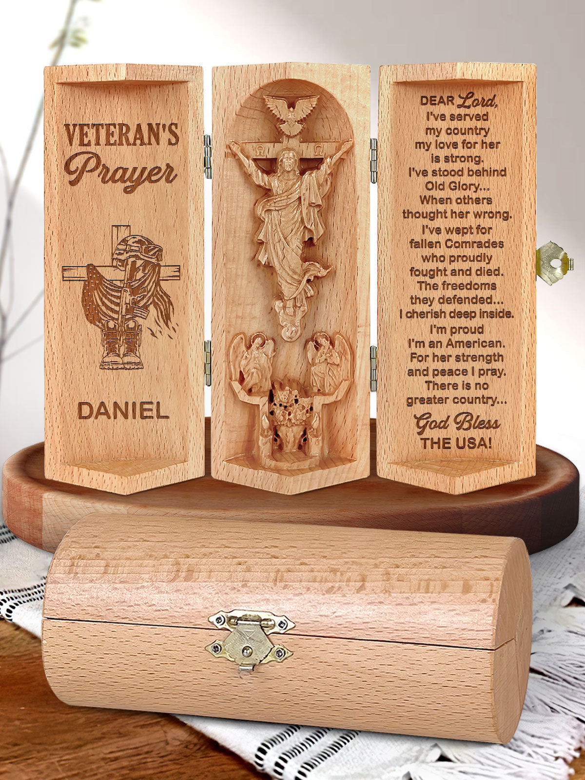 Personalized A U.S. Veteran's Prayer Openable Christian Gift Statue Of Jesus Wooden Cylinder Sculpture of Jesus Christ