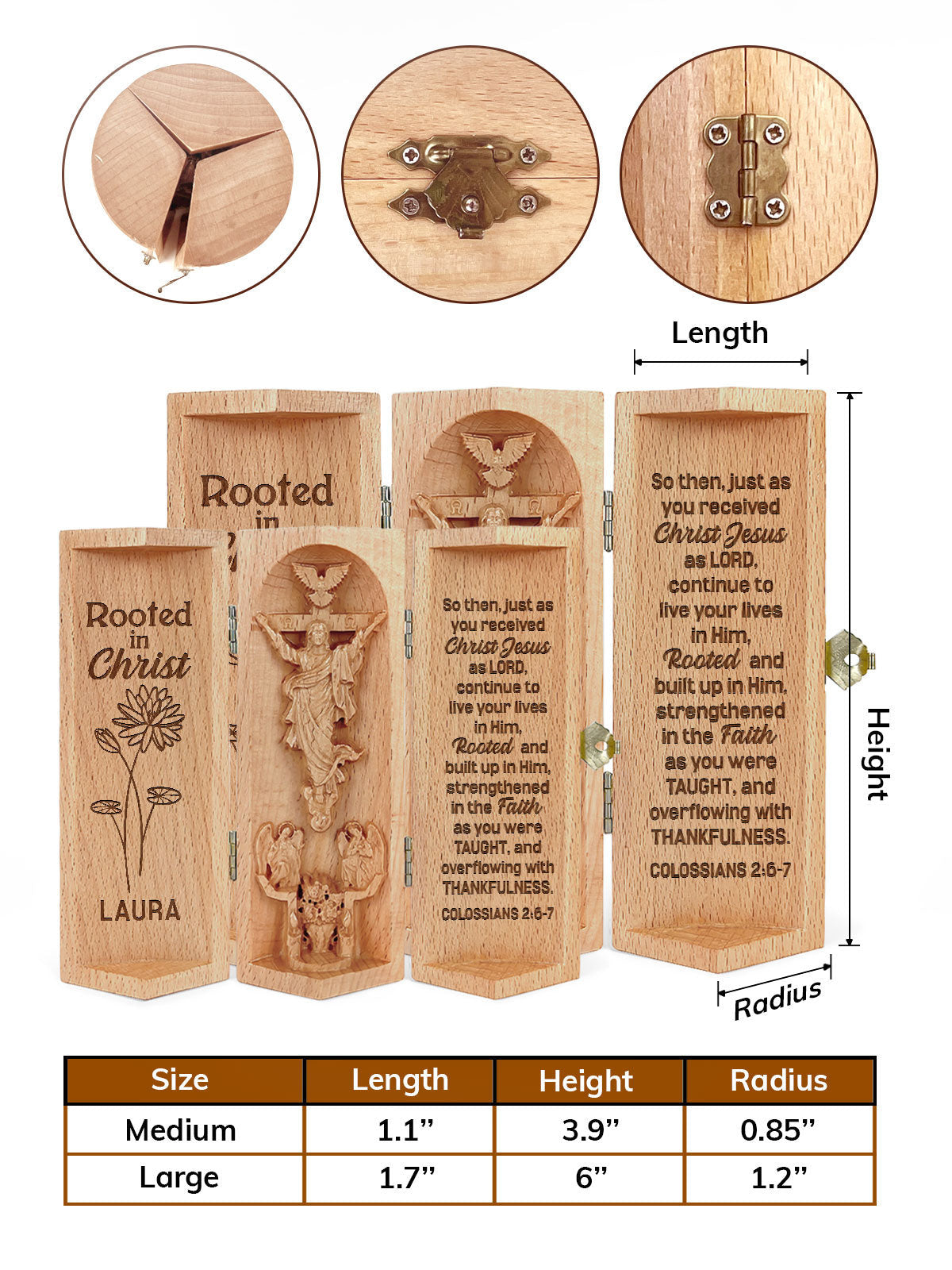 Personalized Rooted In Christ Christian Decor Statue of Jesus Openable Wooden Cylinder Sculpture of Jesus Christ, Christ Decor