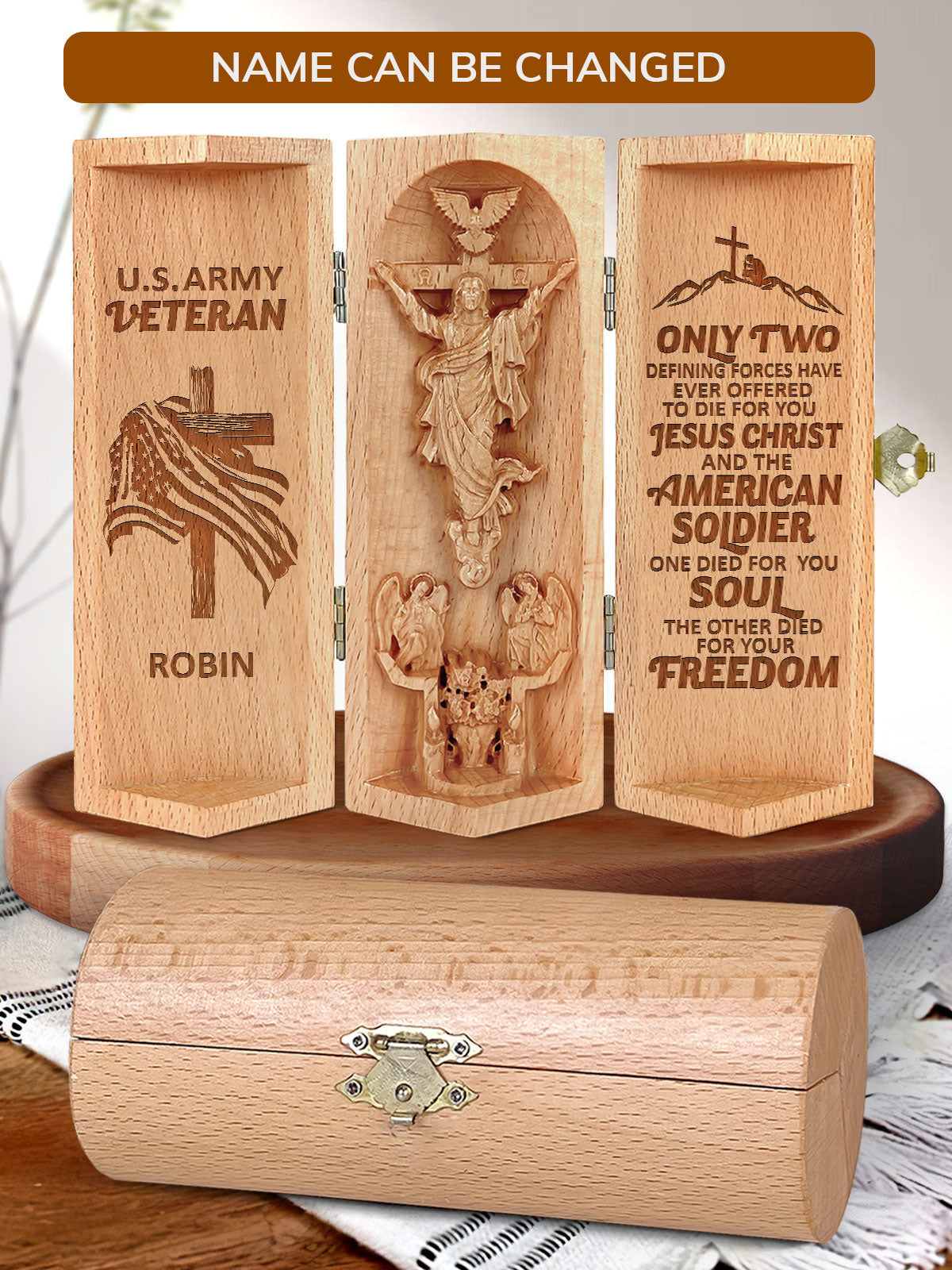 Personalized Jesus Christ & The American Soldier Openable Christian Gift Statue Of Jesus Wooden Cylinder Sculpture of Jesus Christ