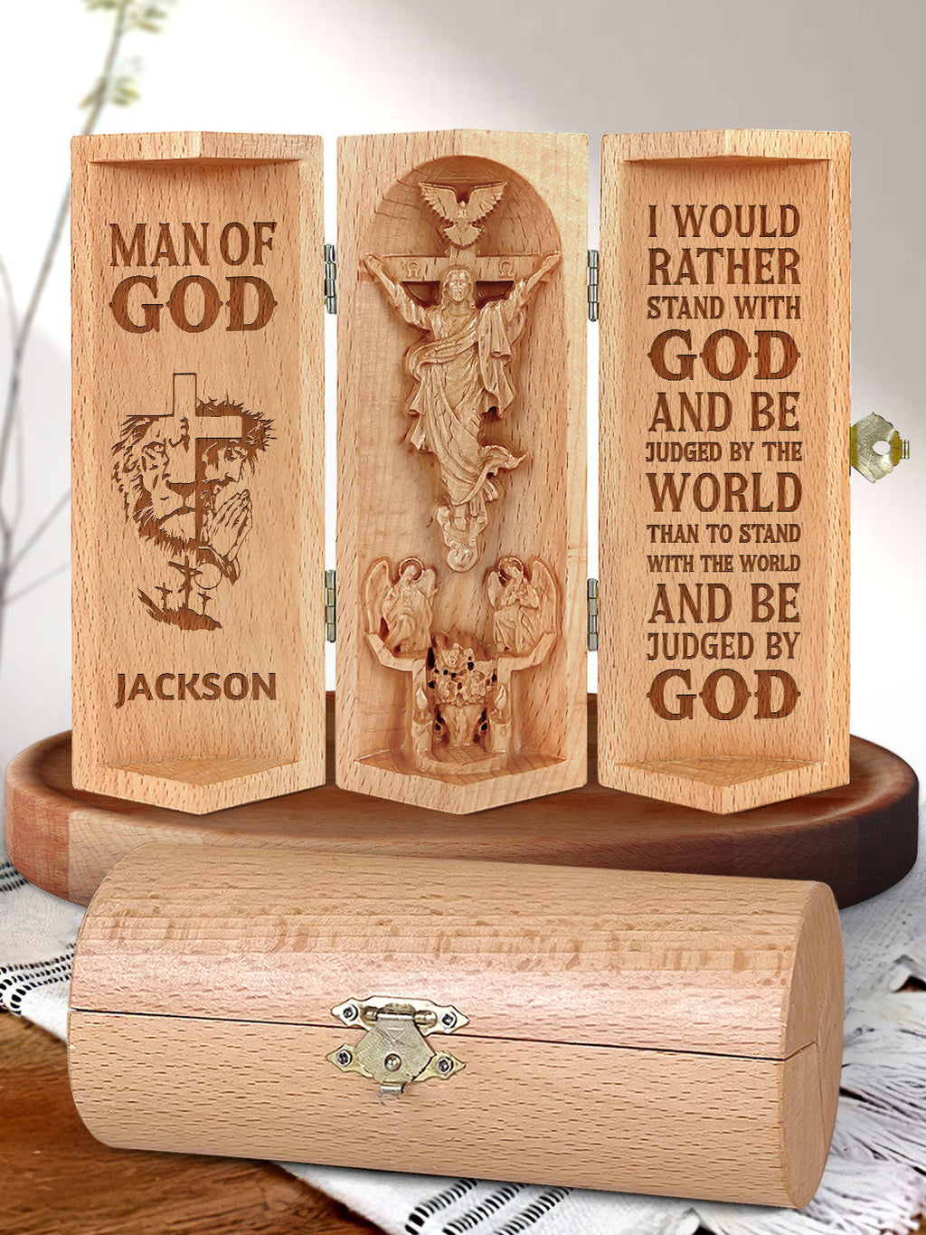 Personalized Man Of God Openable Christian Gift Statue Of Jesus Wooden Cylinder Sculpture of Jesus Christ, Christ Decor