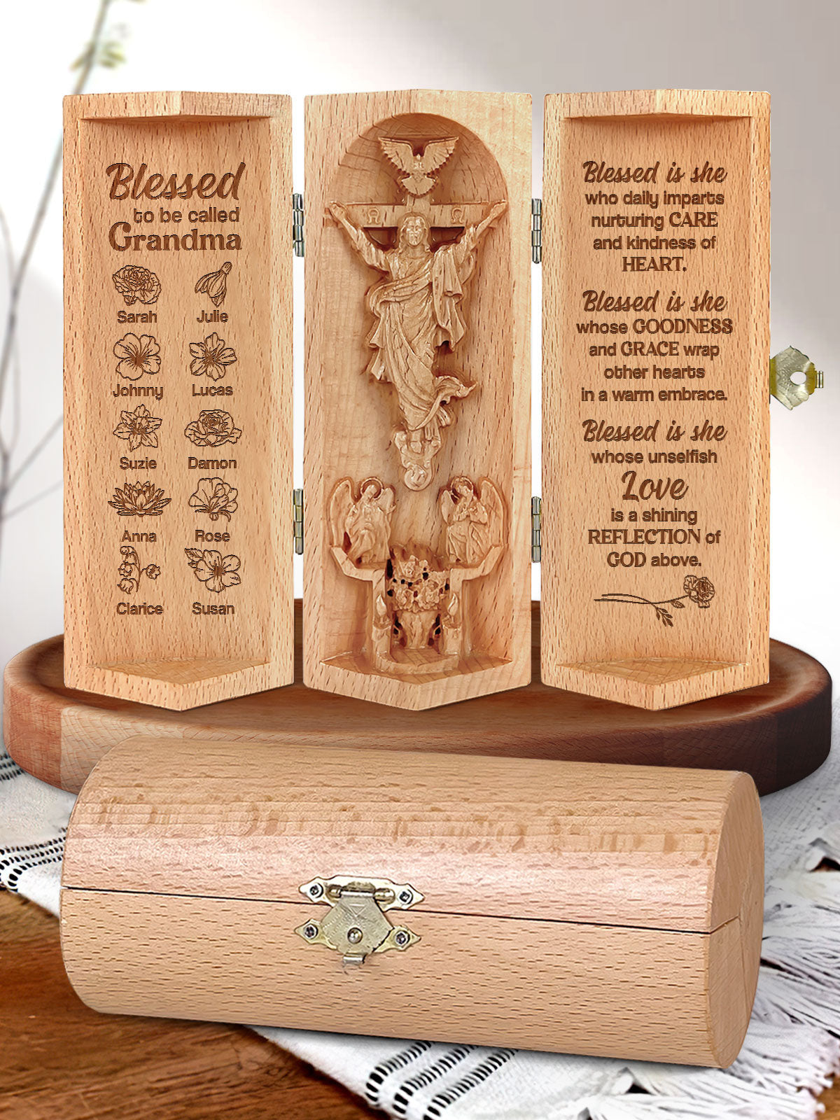 Personalized Blessed To Be Called Grandma Christian Decor Statue of Jesus Openable Wooden Cylinder Sculpture of Jesus Christ