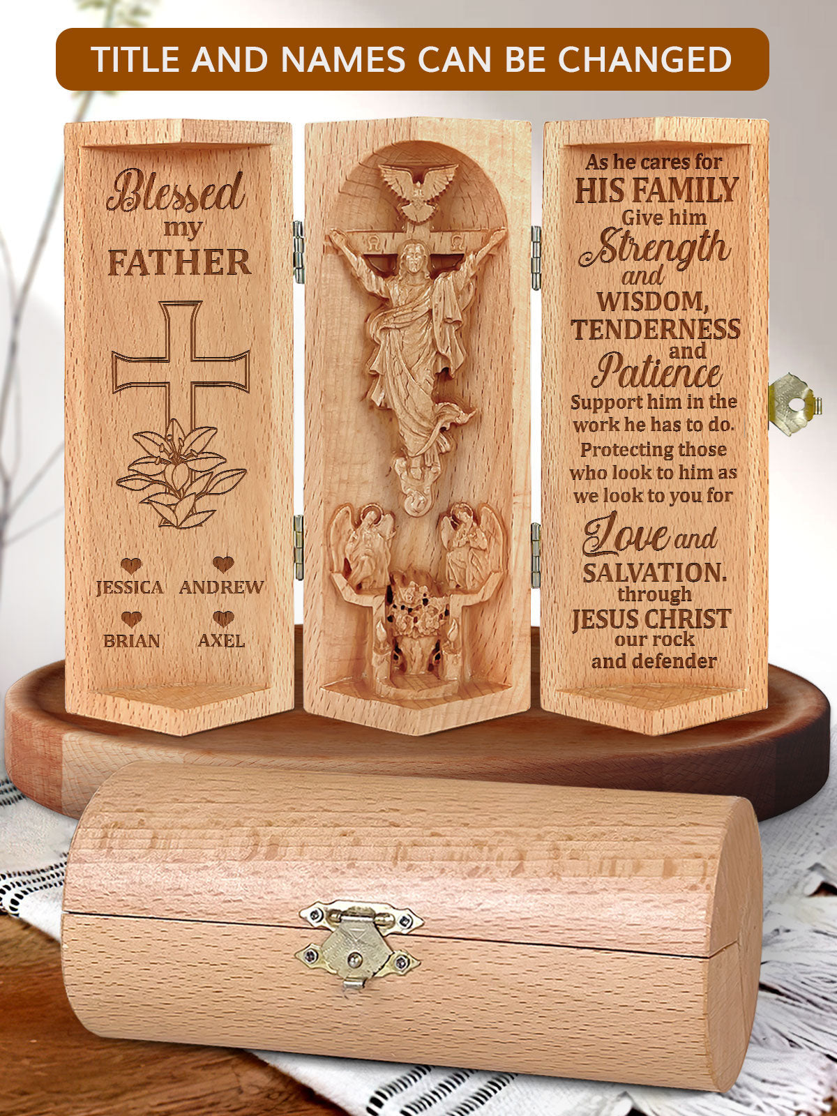 Personalized Blessed My Father Openable Christian Gift Statue Of Jesus Wooden Cylinder Sculpture of Jesus Christ