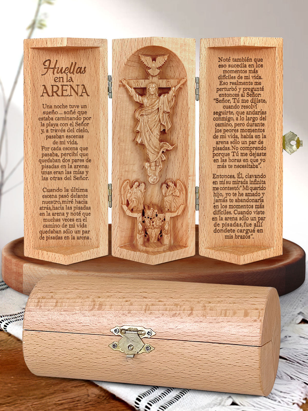 Huellas en la Arena Openable Christian Gift Statue Of Jesus Wooden Cylinder Sculpture of Jesus Christ