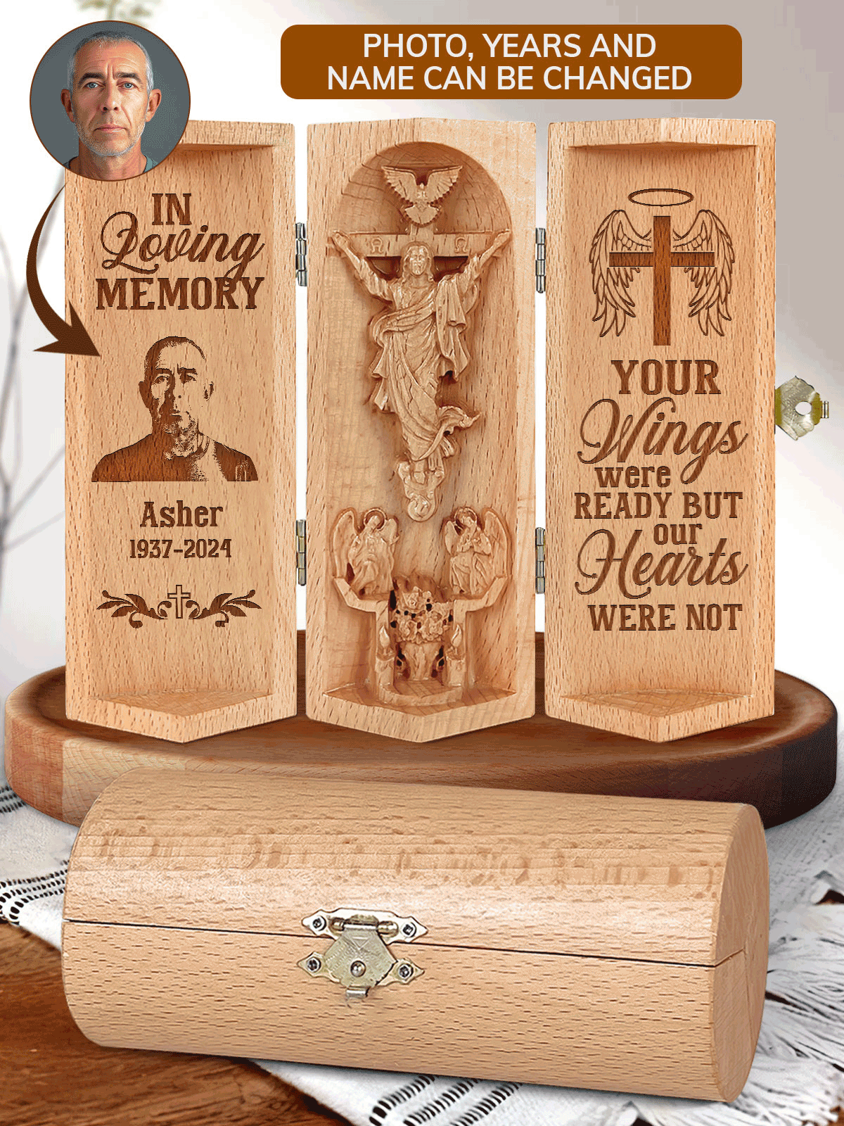 Personalized Your Wings Were Ready But My Heart Was Not Openable Christian Gift Statue Of Jesus Wooden Cylinder Sculpture of Jesus Christ