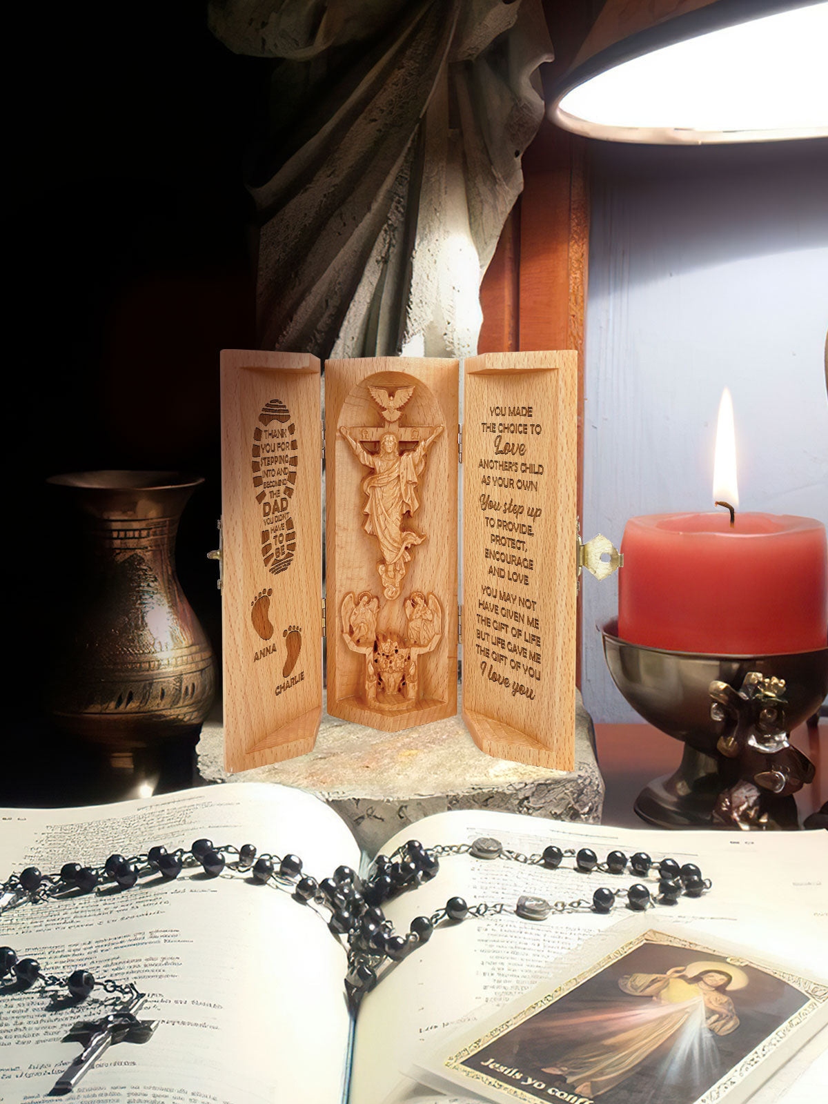 Personalized Gift To Stepdad Life Gave Me The Gift Of You Christian Decor Statue of Jesus Openable Wooden Cylinder Sculpture of Jesus Christ