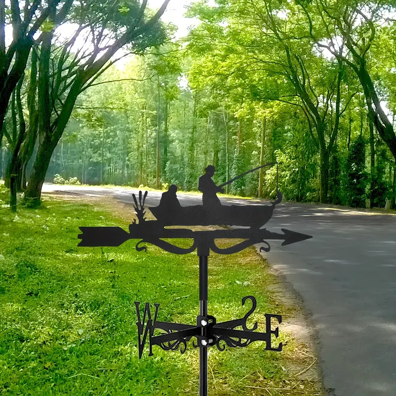 Boat Fishing Weathervane Garden Weather Vane For Roof Mount Wind Direction Indicator Metal Creative Fishing Enthusiast Metal Weathercock For Farm Yard Home Decor