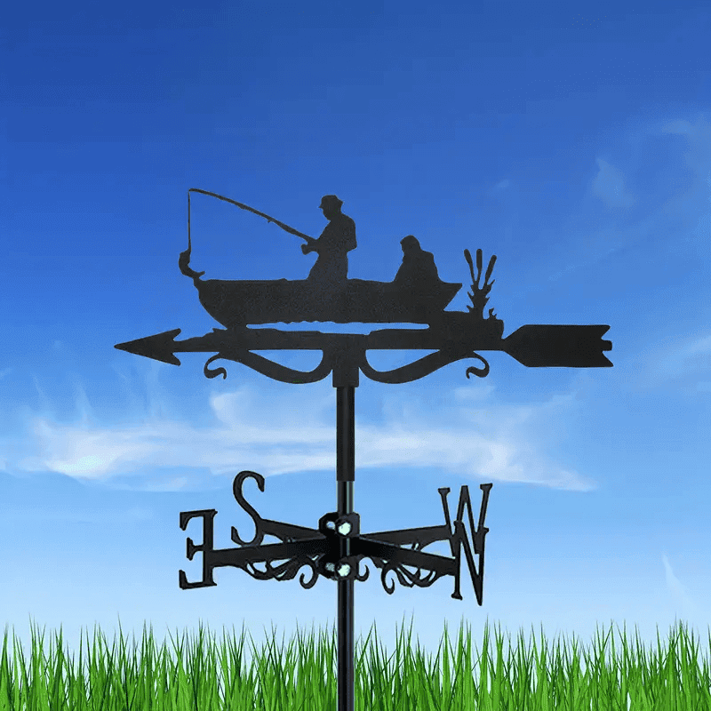Boat Fishing Weathervane Garden Weather Vane For Roof Mount Wind Direction Indicator Metal Creative Fishing Enthusiast Metal Weathercock For Farm Yard Home Decor