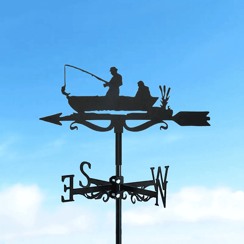 Boat Fishing Weathervane Garden Weather Vane For Roof Mount Wind Direction Indicator Metal Creative Fishing Enthusiast Metal Weathercock For Farm Yard Home Decor