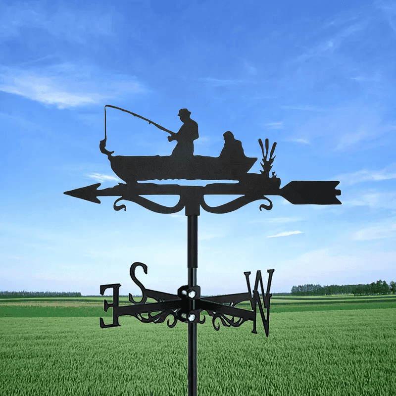 Boat Fishing Weathervane Garden Weather Vane For Roof Mount Wind Direction Indicator Metal Creative Fishing Enthusiast Metal Weathercock For Farm Yard Home Decor