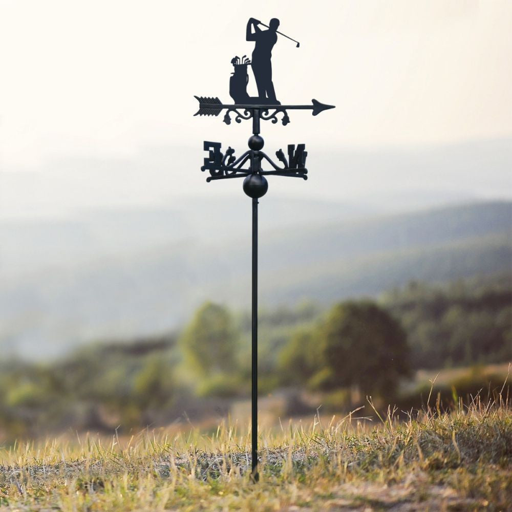 Freestanding Golfer Metal Weathervane, Golf Metal Silhouette Wind Direction Indicator