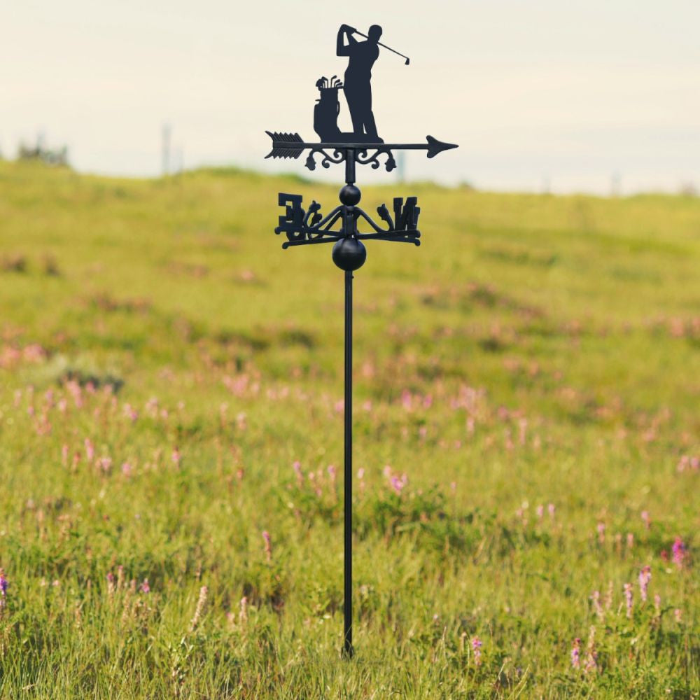 Freestanding Golfer Metal Weathervane, Golf Metal Silhouette Wind Direction Indicator