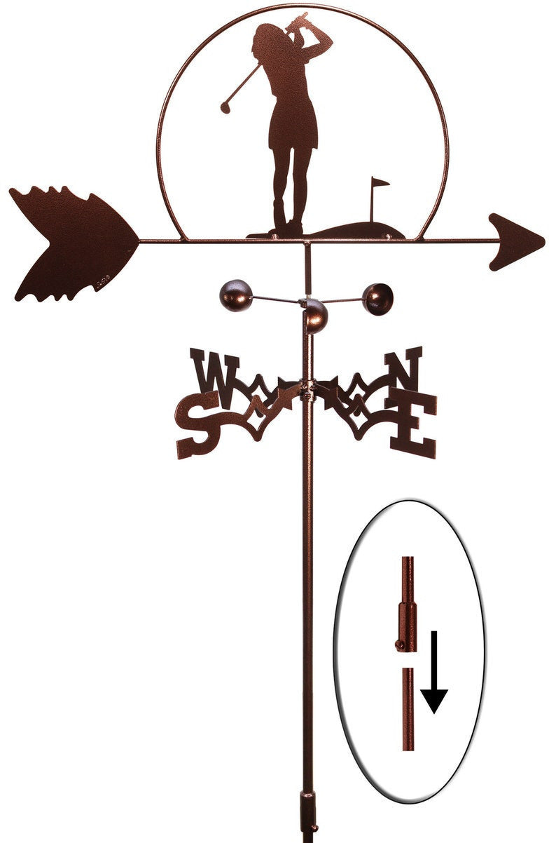 Female Golfer Metal Weathervane, Golf Metal Silhouette Wind Direction Indicator