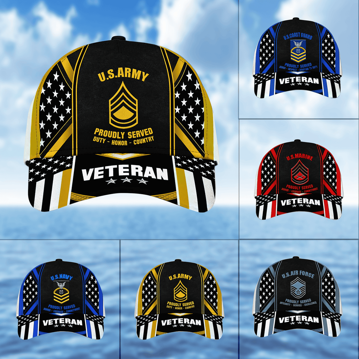 Customized Multiservice U.S. Veteran Printed Cap - Custom Rank