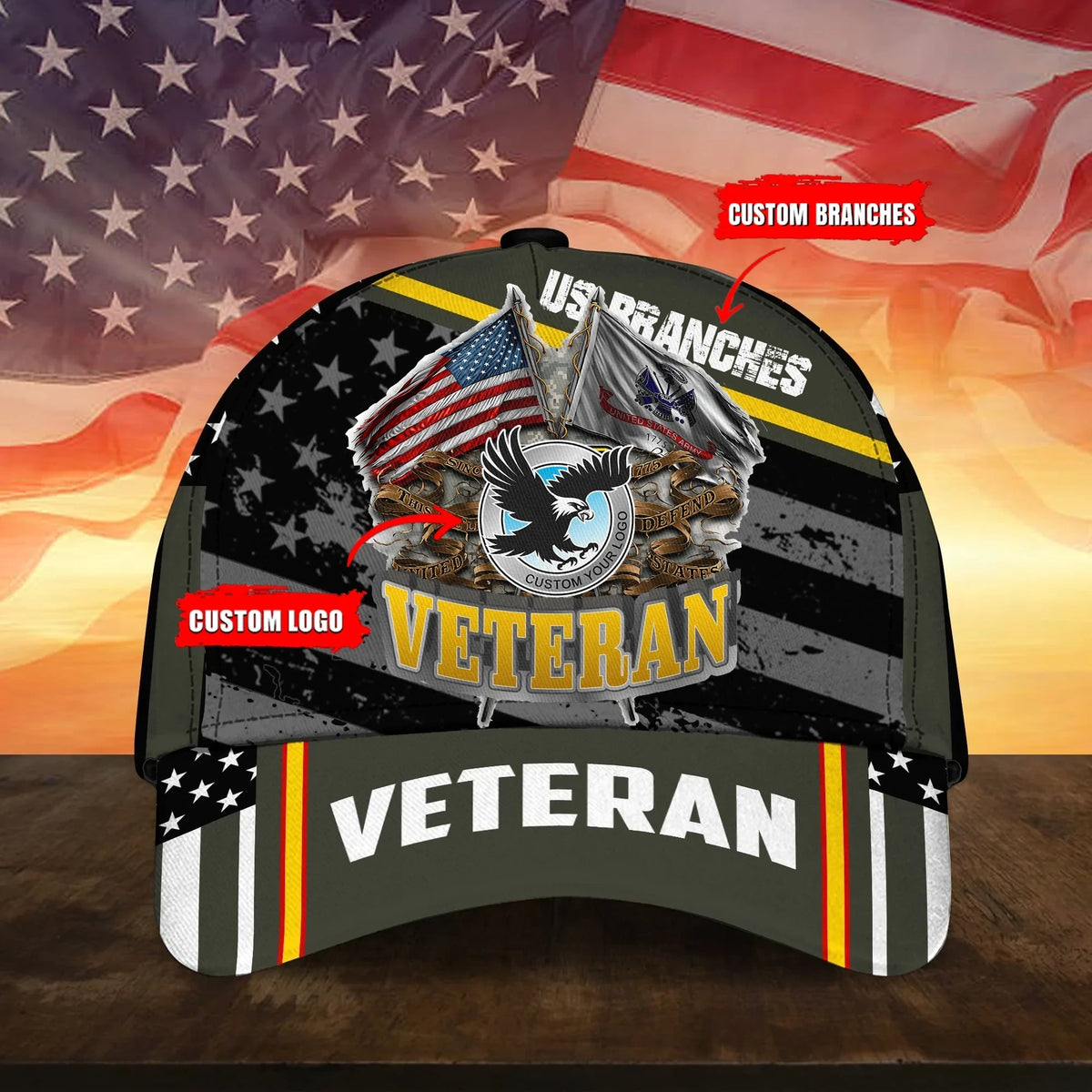 Custom U.S Branches Veteran 3D Cap USA Flag Cap
