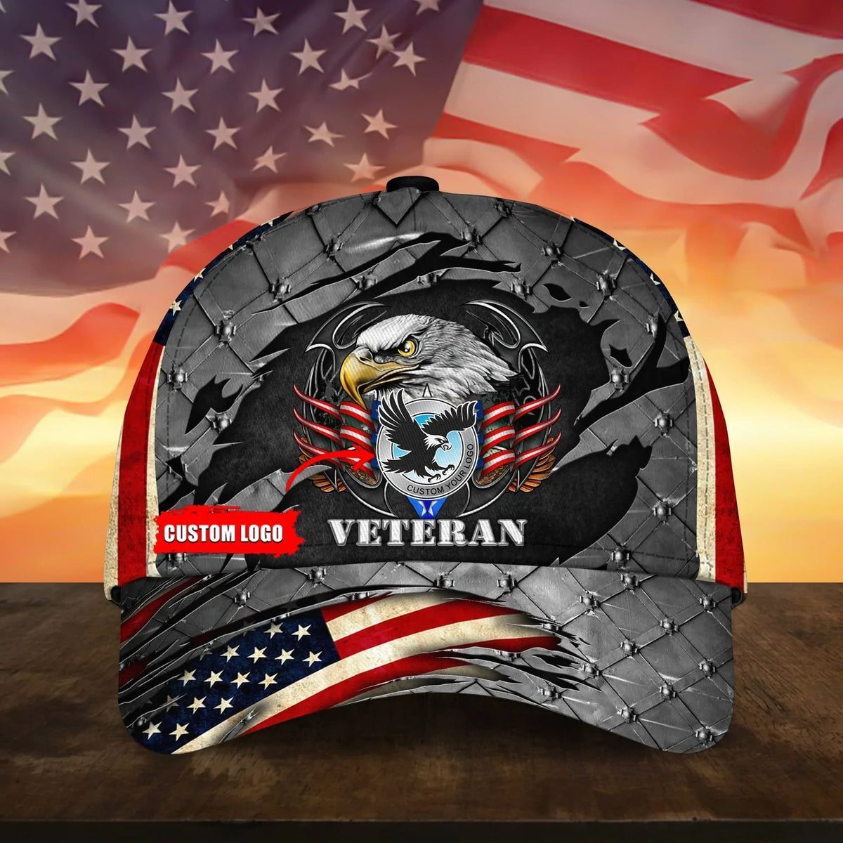 Custom U.S Branches Veteran Cap 3D Printed Eagle USA Flag Iron Camo Cap