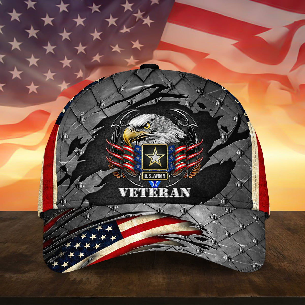 Custom U.S Branches Veteran Cap 3D Printed Eagle USA Flag Iron Camo Cap