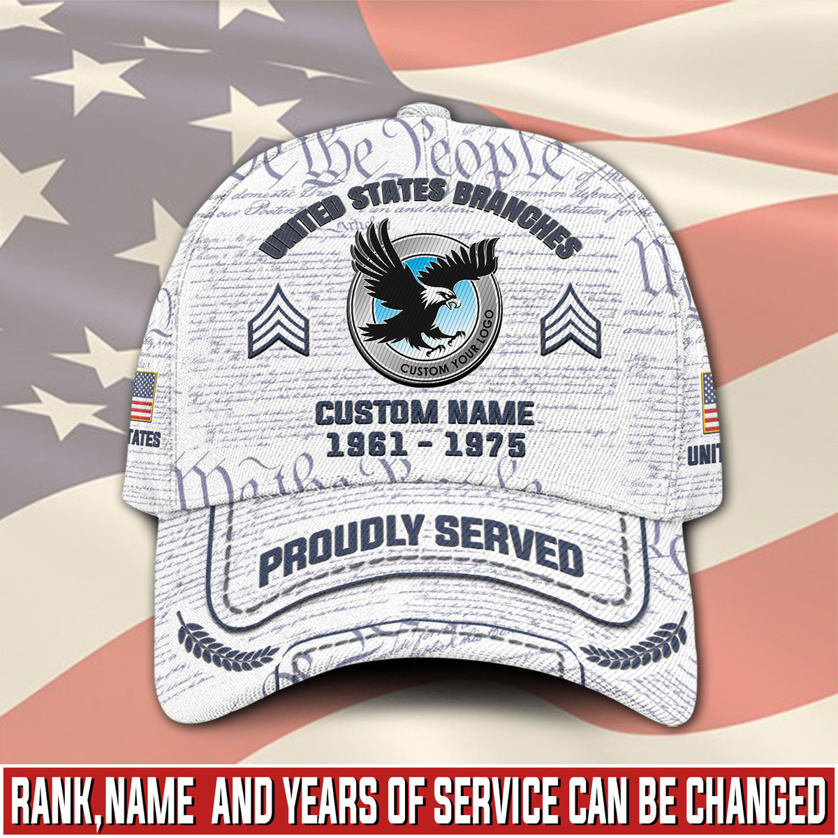 Customized U.S. Branches Veteran Hat - Personalized Rank and Military Style Ball Cap Printing