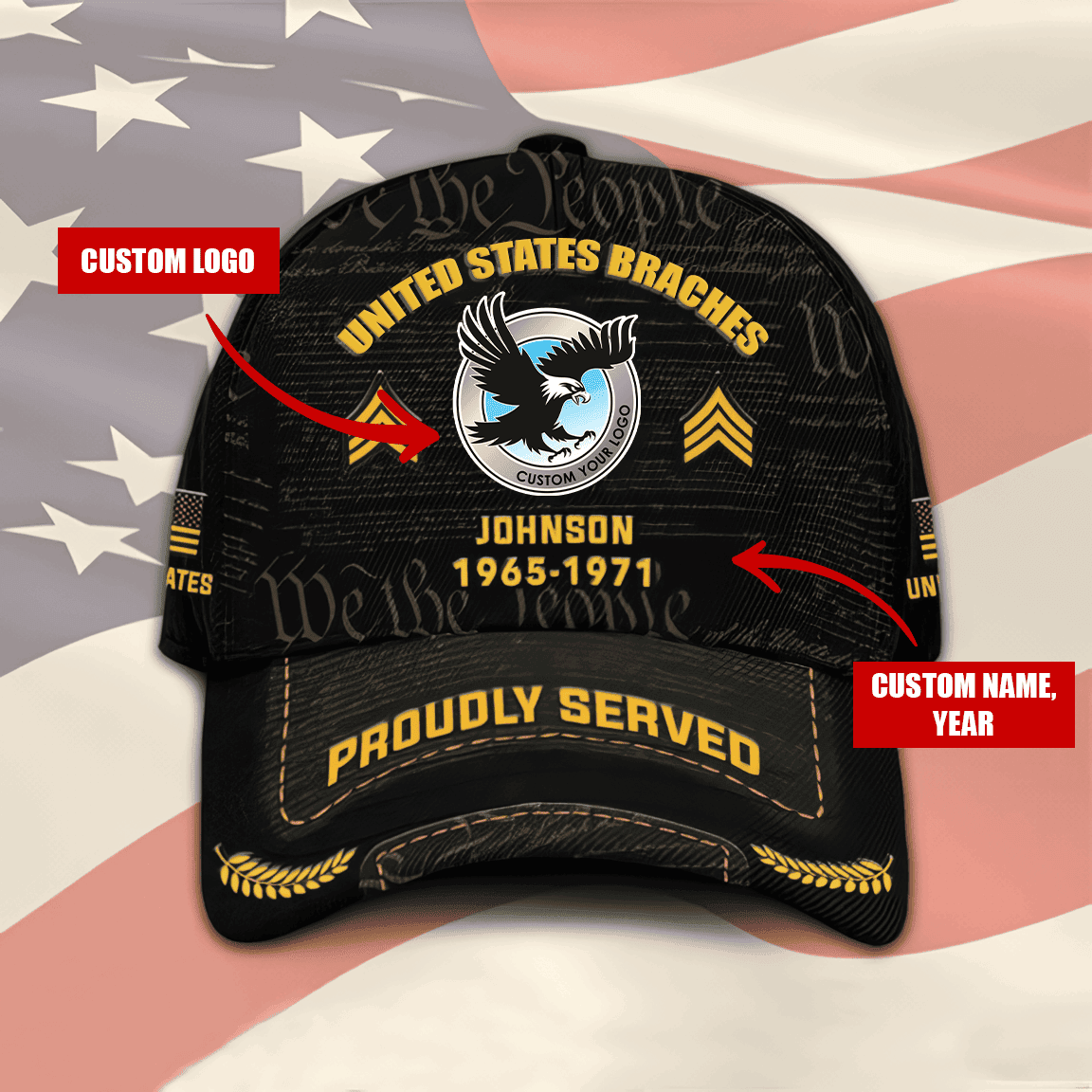 Customized U.S Branches Veteran Hat – Print Cap Personalized With Rank Military Style Ball