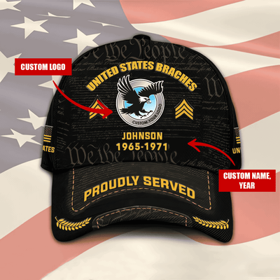 Customized U.S Branches Veteran Hat – Print Cap Personalized With Rank Military Style Ball