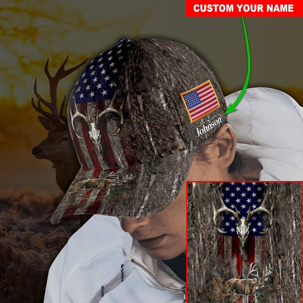 Deer Hunter Cap, Deer Skull With American Flag, Custom Your Cap All Over Printed